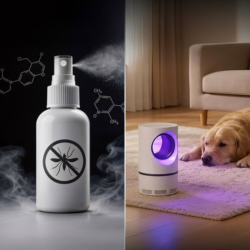 Insect spray next to the ZapiTrap lamp placed beside a sleeping dog