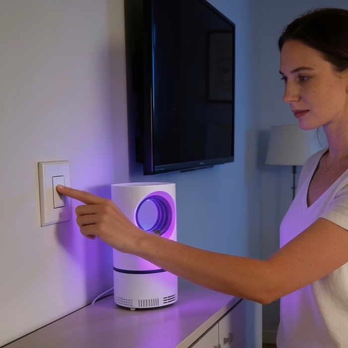 Hand switching off the room light while the lamp stays lit