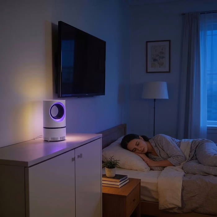 Dark bedroom at night with the lamp lit while the owner sleeps