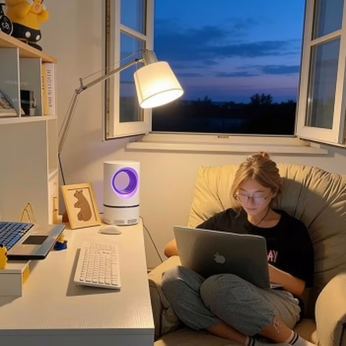ZapiTrap lamp lit on a student desk with the window open at dusk