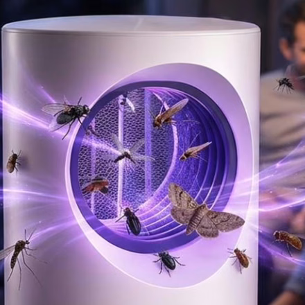 Close-up of the violet opening on the lamp with insects drawn towards the light
